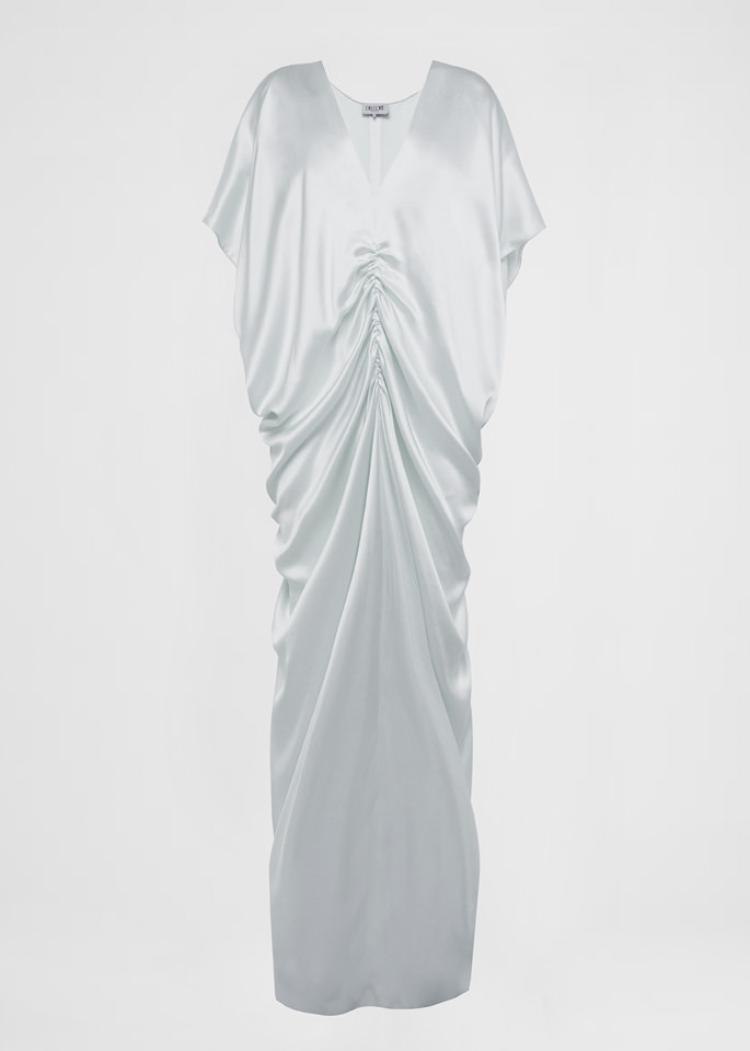 DEL CORE: V NECK KAFTAN CREPE SATIN DRESS WITH GATHERED DETAIL