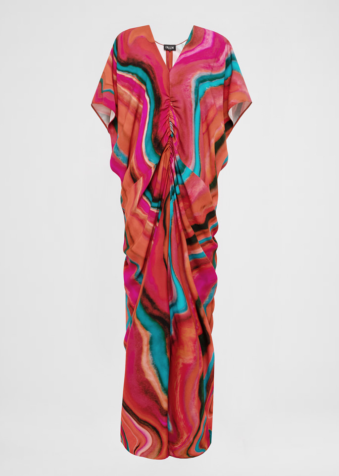 DEL CORE: V NECK KAFTAN PRINTED CREPE SATIN DRESS WITH GATHERED DETAIL