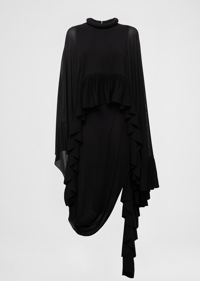 DEL CORE: CAPE DRAPED JERSEY CREPE DRESS WITHASYMMETRICAL SPLIT AND RUFFLES