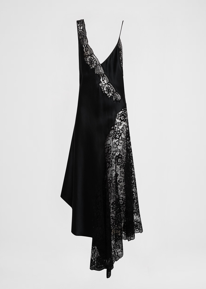 DEL CORE: ASYMMETRICAL SLIP DRESS IN ENVERS SATIN WITH LACE INSERTS