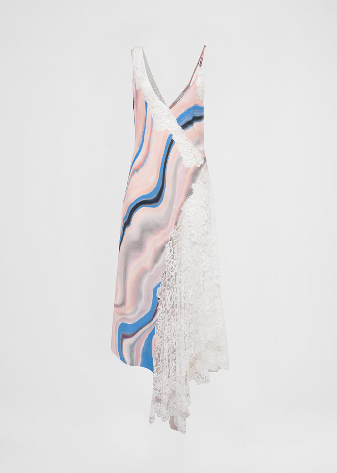 DEL CORE: ASYMMETRICAL SLIP DRESS IN PRINTED ENVERS SATIN WITH LACE INSERTS