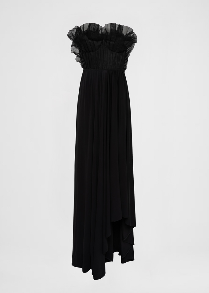 DEL CORE: STRAPLESS TAFFETTA GOWN WITH RUFFLE DETAILS