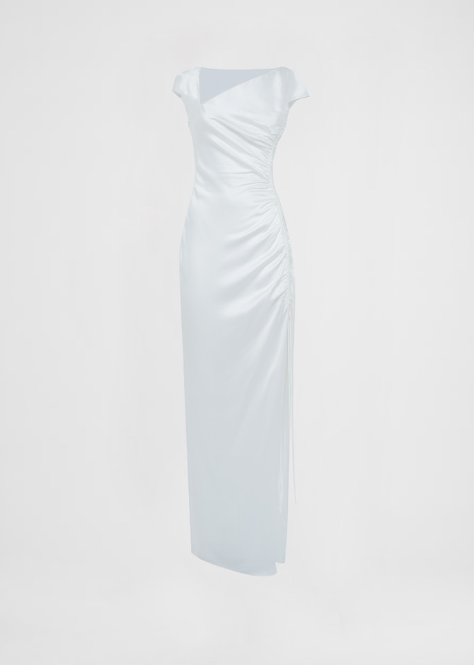 DEL CORE: CAP SLEEVE LONG CREPE SATIN GOWN WITH GATHERED SIDE AND SPLIT DETAIL