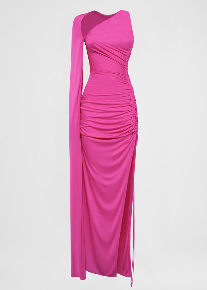 DEL CORE: LONG ONE SHOULDER ROUCHED VISCOSE JERSEY GOWN