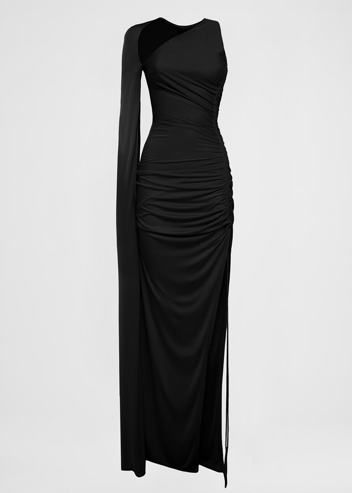 DEL CORE: LONG ONE SHOULDER ROUCHED VISCOSE JERSEY GOWN