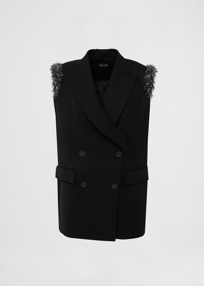 DEL CORE: DOUBLE BREASTED SLEEVELESS WOOL JACKET WITH EMBROIDERED SHOULDERS AND PEAK LAPEL