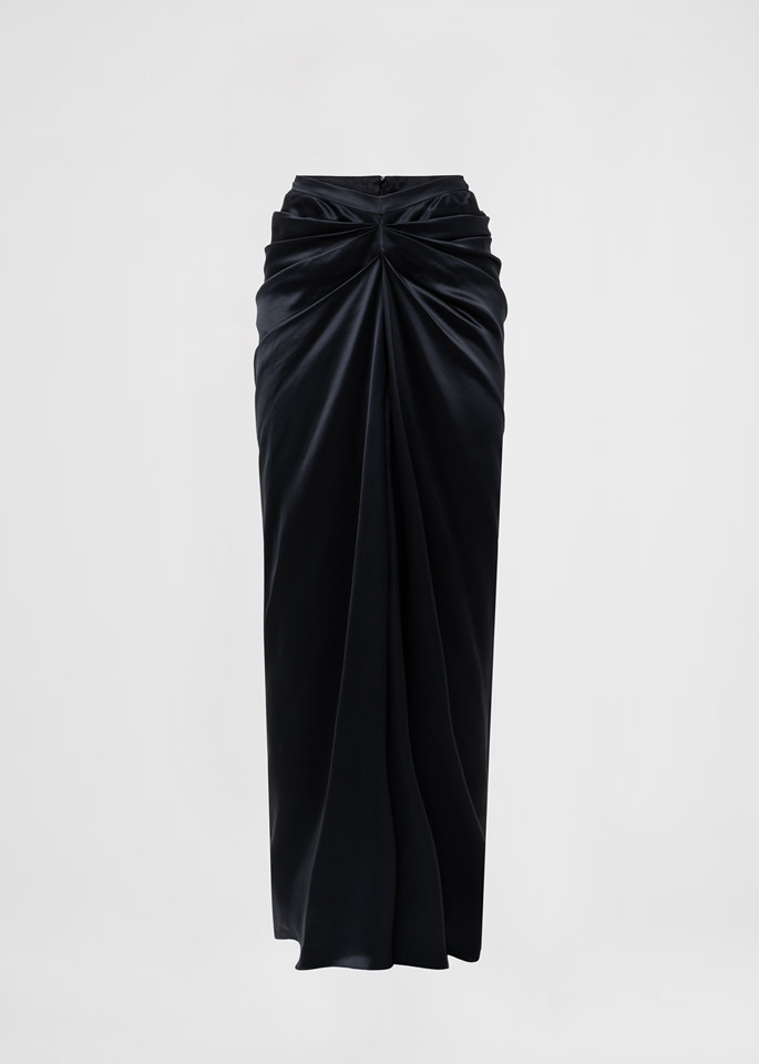 DEL CORE: EVENING SKIRT IN CREPE SATIN WITH GATHERED FRONTAL DETAIL AND BACK SLIT