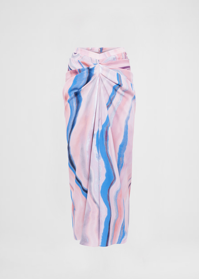 DEL CORE: MIDI SKIRT IN PRINTED CREPE SATIN WITH GATHERED FRONTAL DETAIL AND BACK SLIT