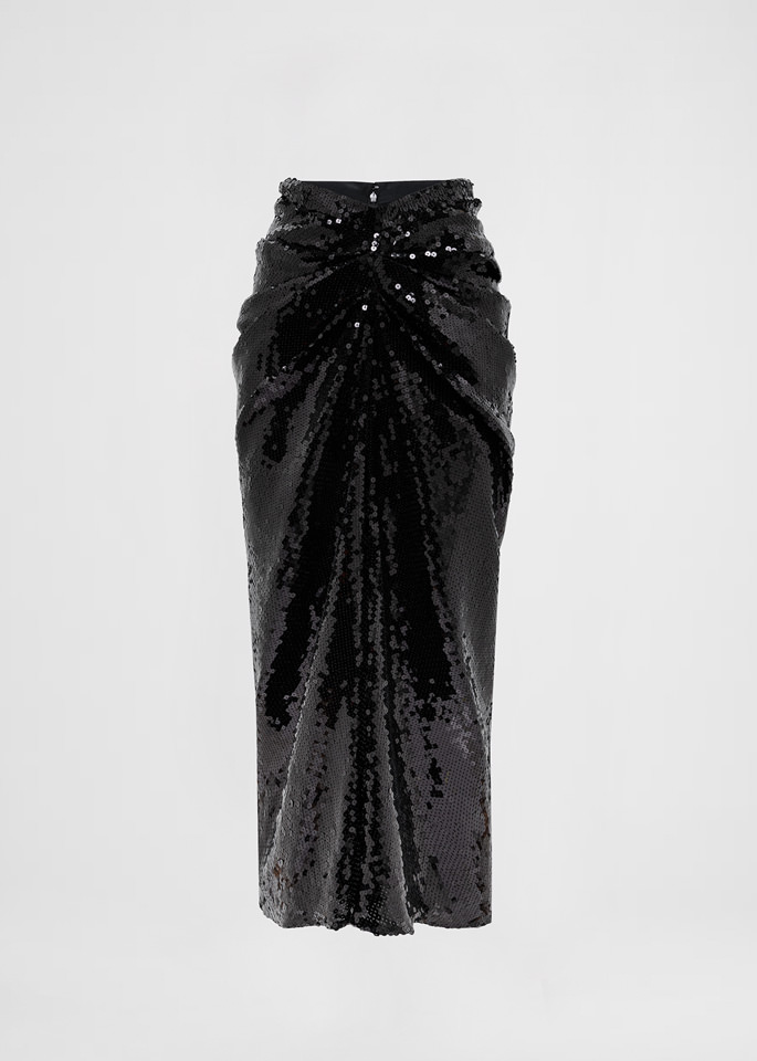 DEL CORE: MIDI SKIRT IN SEQUIN WITH GATHERED FRONTAL DETAIL AND BACK SLIT