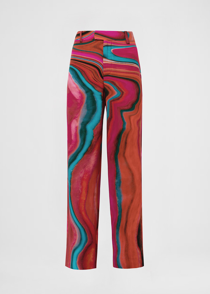 DEL CORE: LOW RISE PRINTED CREPE SATIN STRAIGHT LEG TROUSER