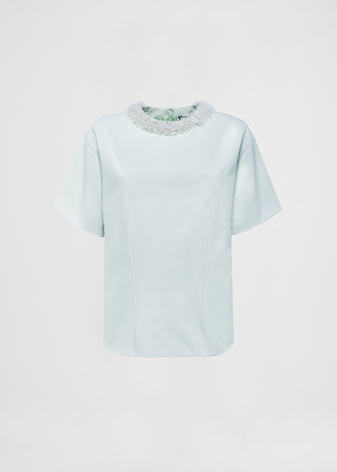 DEL CORE: STRETCH WOOL T-SHIRT TOP WITH CORSET DETAIL AND EMBROIDERED NECKLINE