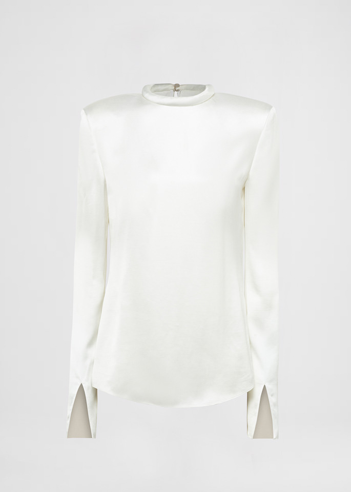 DEL CORE: LONGSLEEVE TOP WITH PADDED NECKLINE DETAIL IN CREPE SATIN