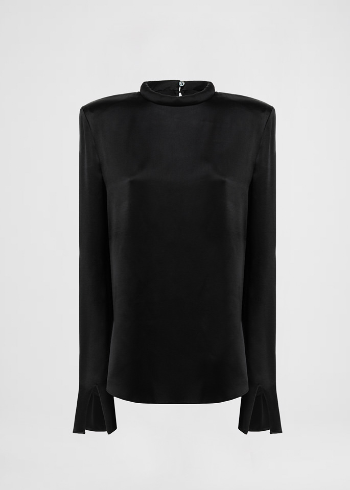 DEL CORE: LONGSLEEVE TOP WITH PADDED NECKLINE DETAIL IN CREPE SATIN