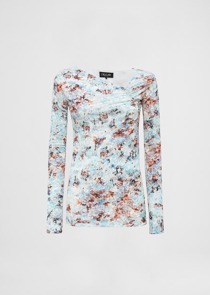 DEL CORE: LONG SLEEVE GATHERED TOP WITH ASYMMETRICAL NECKLINE IN PRINTED CREPE JERSEY