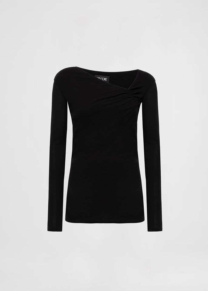 DEL CORE: LONG SLEEVE GATHERED TOP WITH ASYMMETRICAL NECKLINE IN CREPE JERSEY