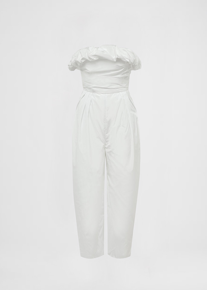 DEL CORE: STRAPLESS TAFFETTA JUMPSUIT WITH RUFFLE DETAILS