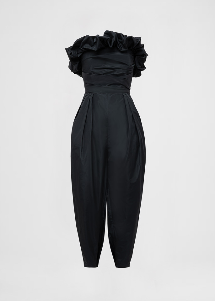 DEL CORE: STRAPLESS TAFFETTA JUMPSUIT WITH RUFFLE DETAILS