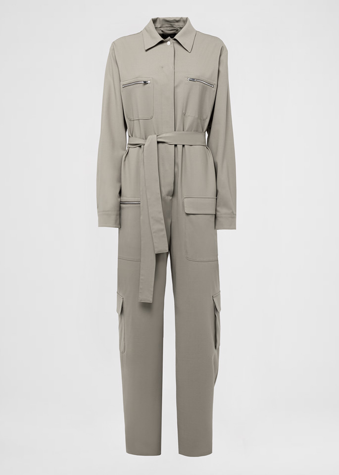 DEL CORE: LUXURIOUS WORKERS JUMPSUIT IN STRETCH WOOL WITH MULTIPLE POCKETS AND ZIPPERS