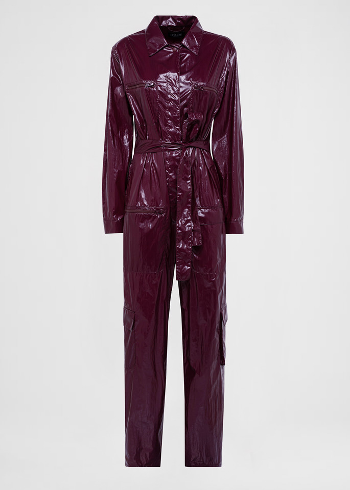 DEL CORE: LUXURIOUS WORKERS JUMPSUIT IN TECHNICAL LAQUERED NYLON WITH MULTIPLE POCKETS AND ZIPPERS