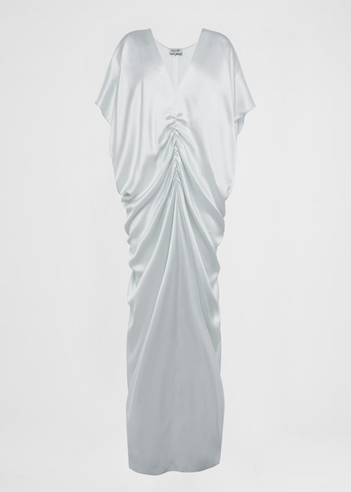 DEL CORE V NECK KAFTAN CREPE SATIN DRESS WITH GATHERED DETAIL