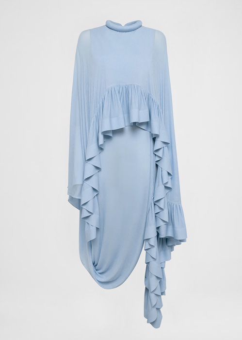 DEL CORE CAPE DRAPED JERSEY CREPE DRESS WITHASYMMETRICAL SPLIT AND RUFFLES