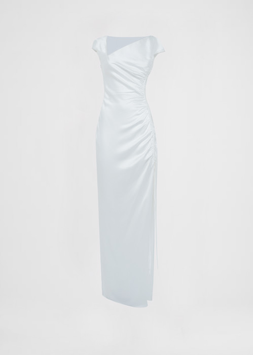 DEL CORE CAP SLEEVE LONG CREPE SATIN GOWN WITH GATHERED SIDE AND SPLIT DETAIL