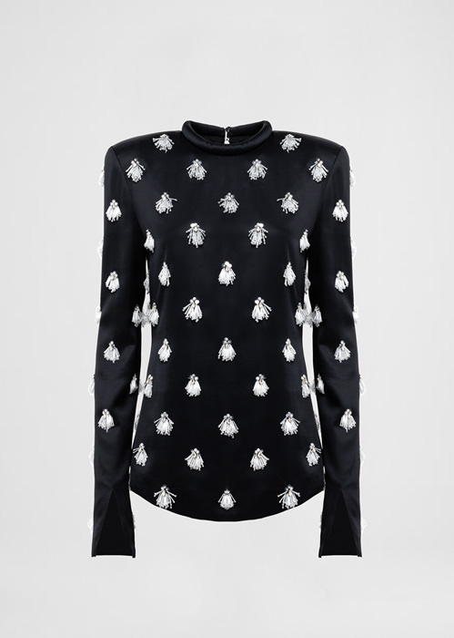 DEL CORE LONGSLEEVE TOP WITH PADDEDNECKLINE DETAIL AND ALL OVER EMBROIDERY