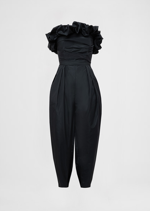 DEL CORE STRAPLESS TAFFETTA JUMPSUIT WITH RUFFLE DETAILS