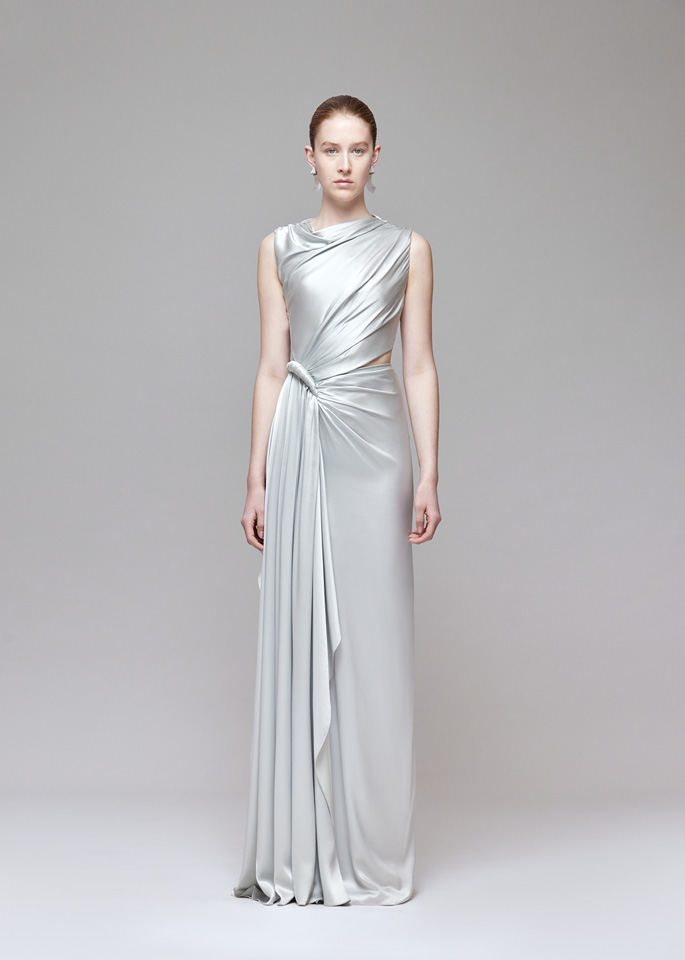 DEL CORE: SLEEVELESS LONG DRAPED PANEL GOWN